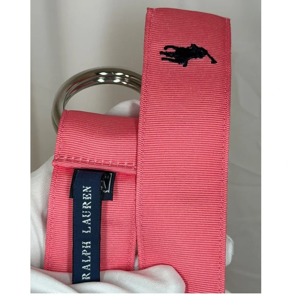 Ralph Lauren Pink Grosgrain D-Ring Belt Navy Pony Logo 49